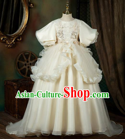 Custom European Girl Princess Fashion Modern Dance Clothing Children Catwalks Garment Costume Piano Recital Beige Trailing Full Dress