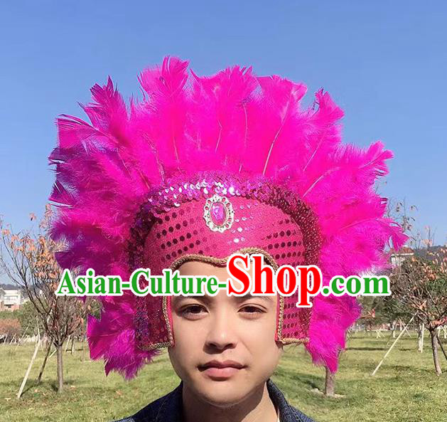 Professional Halloween Cosplay Wild Man Rosy Feather Hat Samba Dance Hair Accessories Apache Tribal Chief Headwear Stage Show Headdress