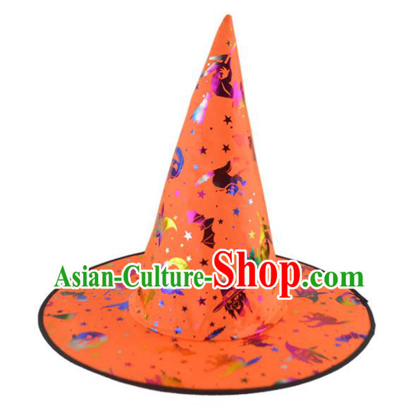 Handmade Stage Performance Peaked Cap Halloween Magic Headdress Fancy Party Orange Hat Cosplay Witch Headwear
