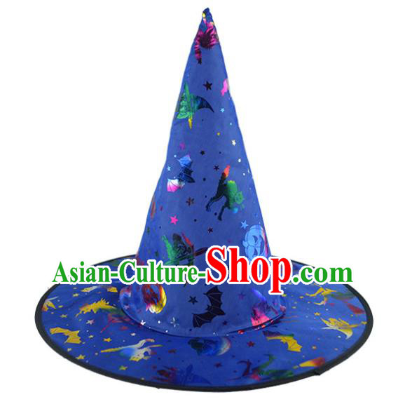 Handmade Fancy Party Blue Hat Cosplay Witch Headwear Stage Performance Peaked Cap Halloween Magic Headdress