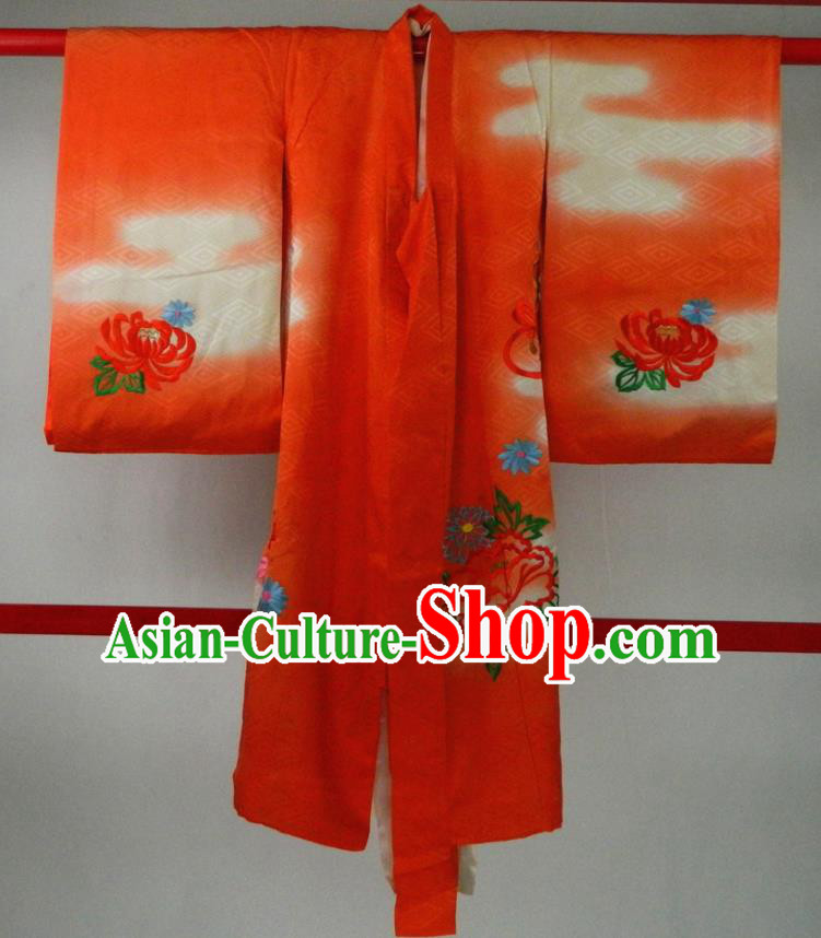 Japan Classical Peony Pattern Red Furisode Kimono Traditional Festival Yukata Dress Children Garment Costume