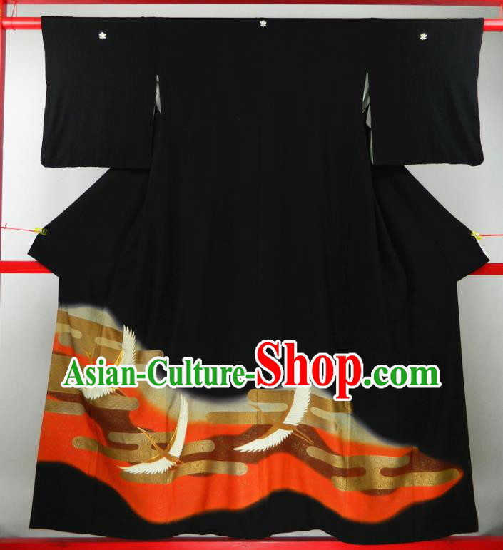 Japanese Classical Embroidered Cranes Kurotomesode Kimono Clothing Traditional Garment Costume Court Woman Black Yukata Dress