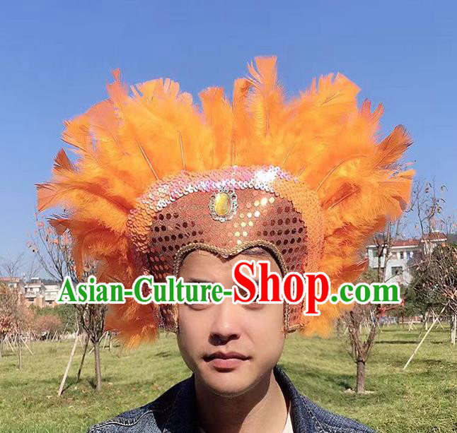 Professional Halloween Apache Tribal Chief Headwear Stage Show Hair Accessories Cosplay Warrior Orange Feather Hat Samba Dance Headdress