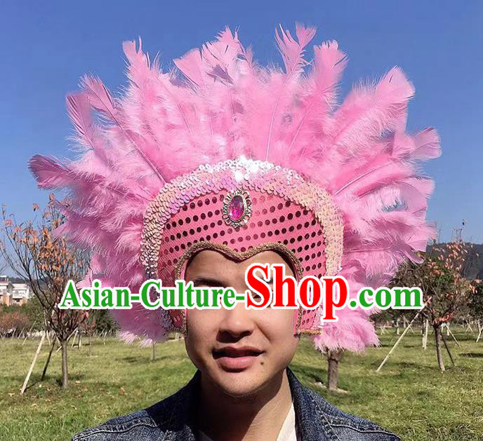 Professional Samba Dance Headdress Halloween Apache Tribal Chief Headwear Stage Show Hair Accessories Cosplay Warrior Pink Feather Hat