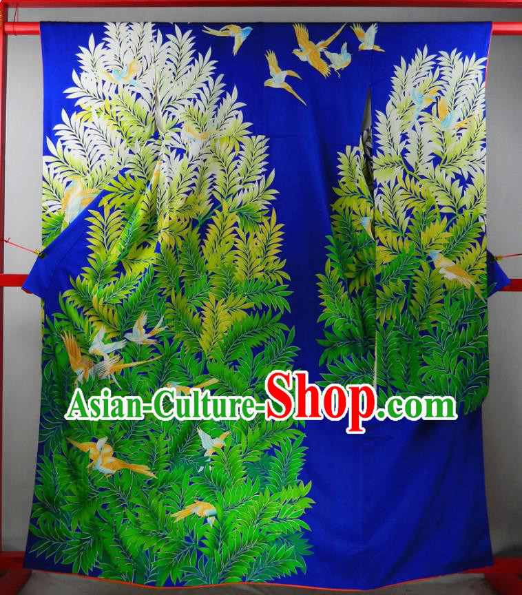 Japanese Classical Birds Pattern Furisode Kimono Clothing Traditional Garment Costume Court Empress Royalblue Yukata Dress