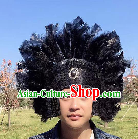 Professional Cosplay Warrior Black Feather Hat Samba Dance Headdress Halloween Apache Tribal Chief Headwear Stage Show Hair Accessories
