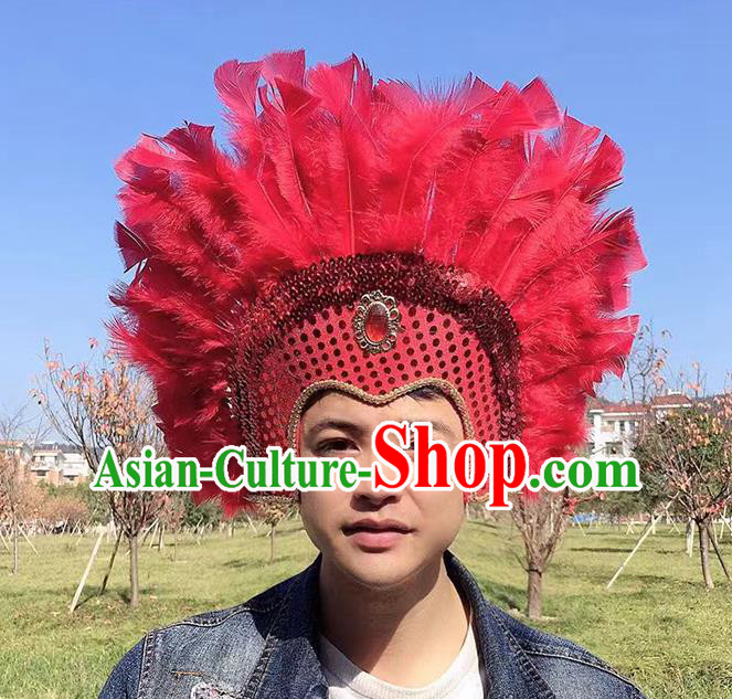 Professional Stage Show Headdress Halloween Cosplay Wild Man Red Feather Hat Samba Dance Hair Accessories Apache Tribal Chief Headwear