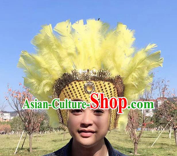 Professional Samba Dance Hair Accessories Apache Tribal Chief Headwear Stage Show Headdress Halloween Cosplay Wild Man Yellow Feather Hat