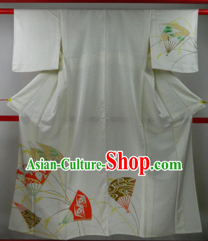 Japanese Young Woman White Silk Yukata Dress Classical Fans Pattern Tsukesage Kimono Clothing Traditional Festival Garment Costume