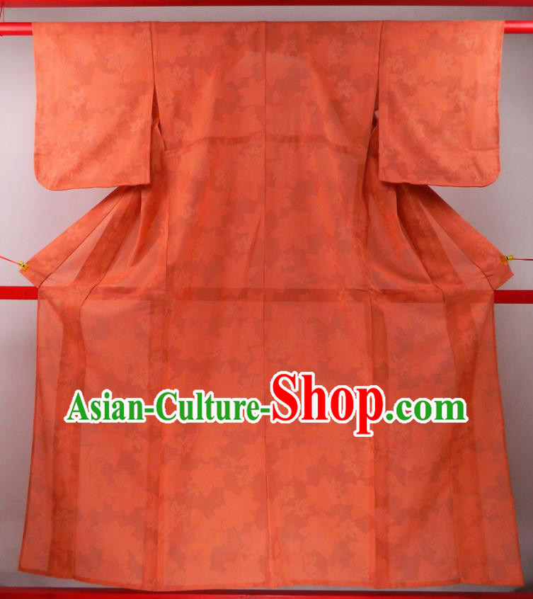 Japanese Traditional Festival Garment Costume Young Woman Orange Silk Yukata Dress Classical Maple Leaf Pattern Iromuji Kimono Clothing