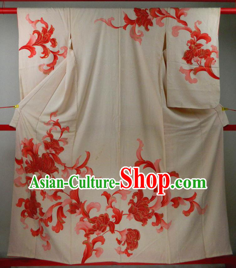 Japanese Young Woman Printing Beige Yukata Dress Classical Lotus Pattern Tsukesage Kimono Clothing Traditional Festival Garment Costume