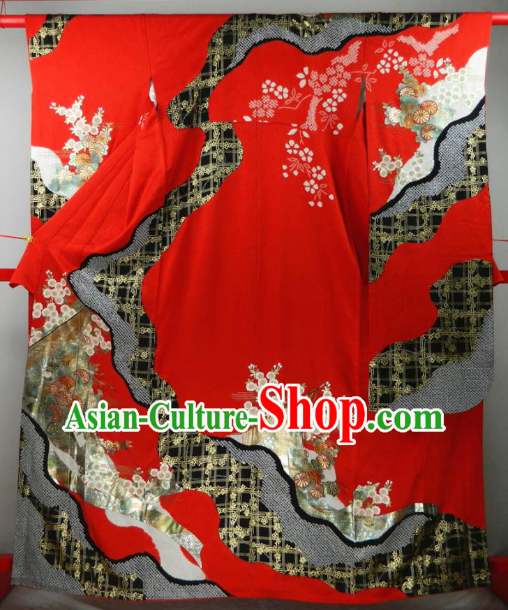Japanese Bride Red Silk Yukata Dress Classical Sakura Pattern Furisode Kimono Clothing Traditional Wedding Garment Costume