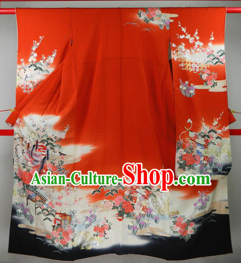Japanese Classical Peony Pattern Furisode Kimono Clothing Traditional Wedding Garment Costume Bride Red Yukata Dress