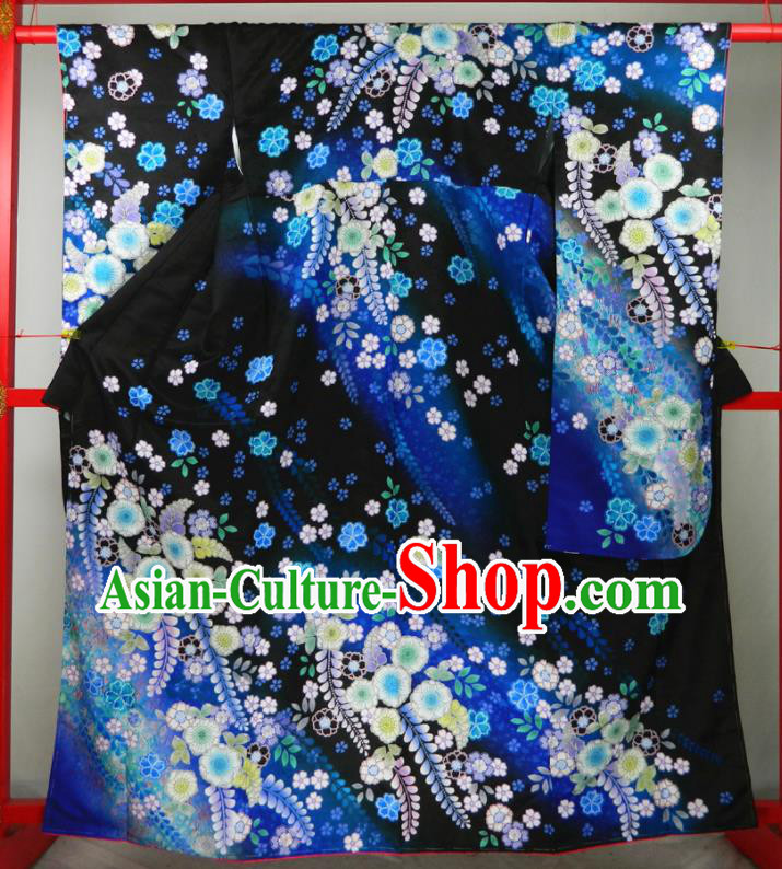 Japanese Bride Black Yukata Dress Classical Sakura Wisteria Pattern Furisode Kimono Clothing Traditional Wedding Garment Costume