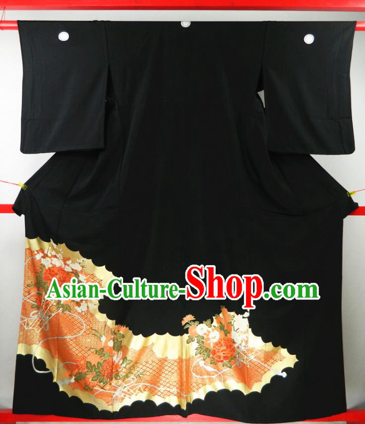 Japanese Classical Peony Pattern Kurotomesode Kimono Clothing Traditional Ceremony Garment Costume Court Woman Black Yukata Dress