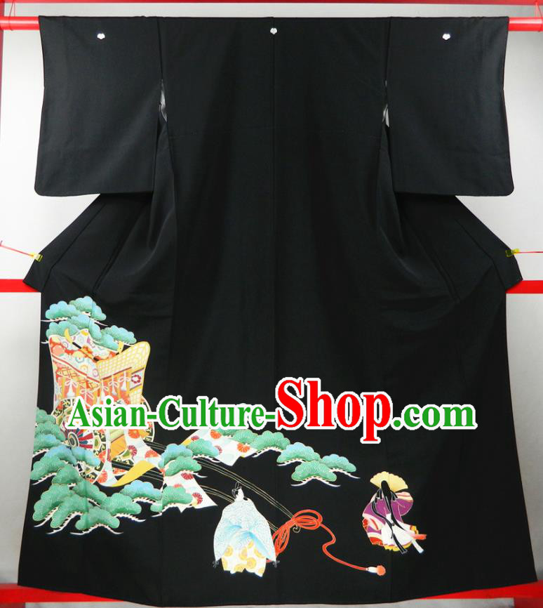 Japanese Court Woman Black Yukata Dress Classical Wheel Pattern Kurotomesode Kimono Clothing Traditional Ceremony Garment Costume