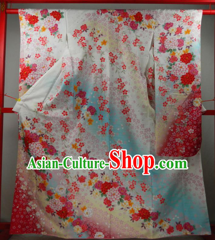 Japanese Classical Plum Peony Pattern Furisode Kimono Clothing Traditional Ceremony Garment Costume Wedding Bride Silk Yukata Dress