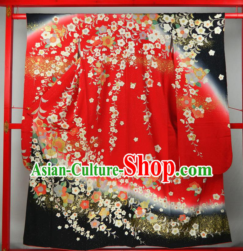 Japanese Wedding Bride Red Yukata Dress Classical Flowers Pattern Furisode Kimono Clothing Traditional Court Empress Garment Costume
