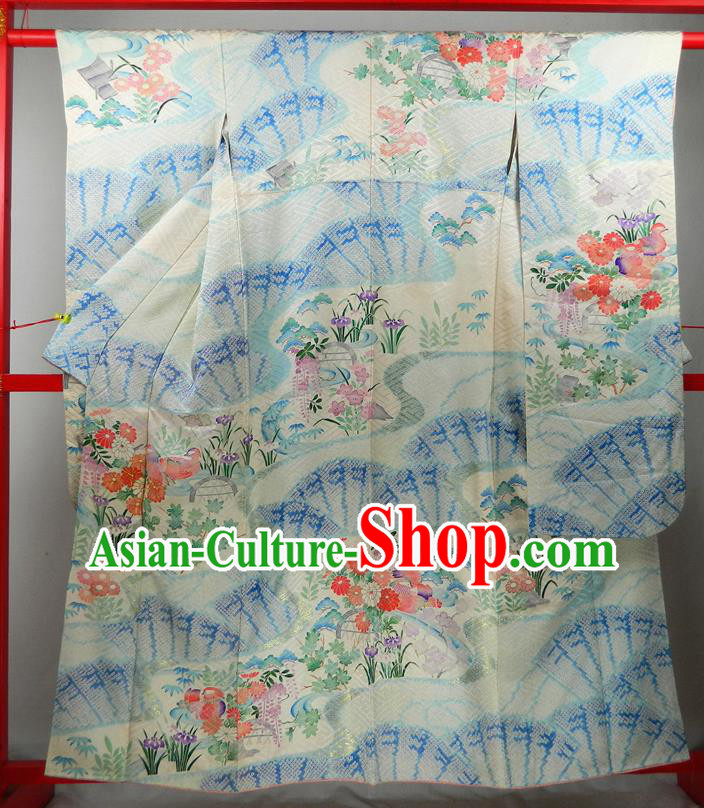 Japanese Court Empress Garment Costume Classical Fans Pattern Yellow Beige Yukata Dress Traditional Wedding Furisode Kimono Clothing