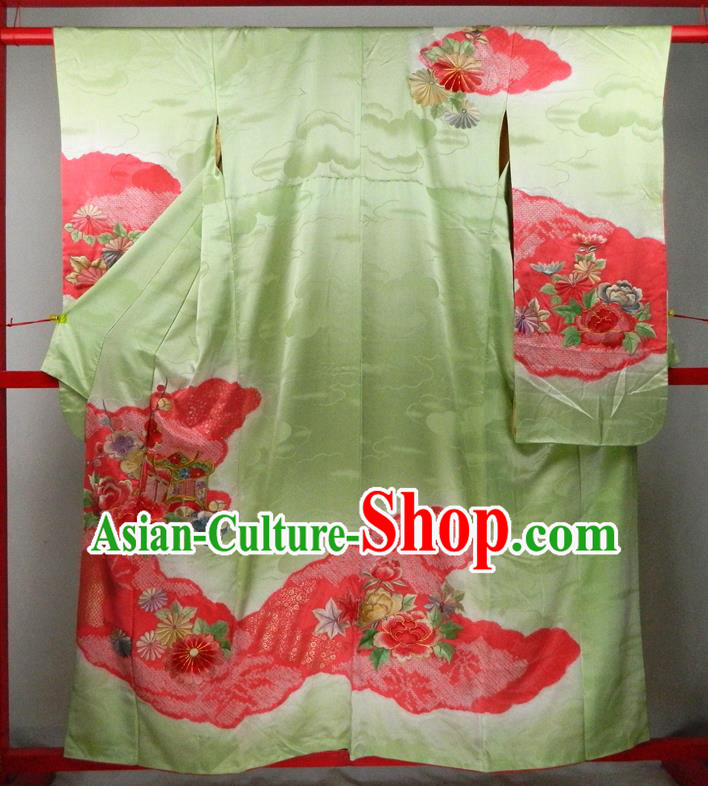 Japanese Classical Embroidered Peony Pattern Green Silk Yukata Dress Traditional Wedding Furisode Kimono Clothing Court Empress Garment Costume