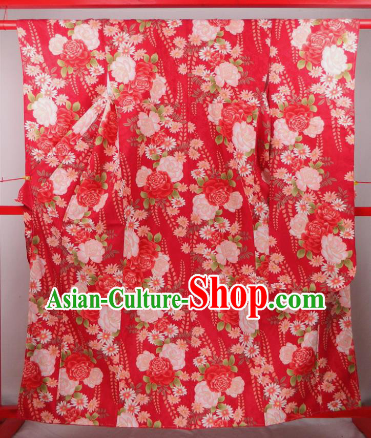 Japanese Court Woman Garment Costume Classical Peony Pattern Red Yukata Dress Traditional Wedding Furisode Kimono Clothing