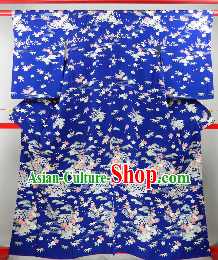 Japanese Traditional Wedding Furisode Kimono Clothing Court Woman Garment Costume Classical Chrysanthemum Bamboo Leaf Pattern Royalblue Yukata Dress