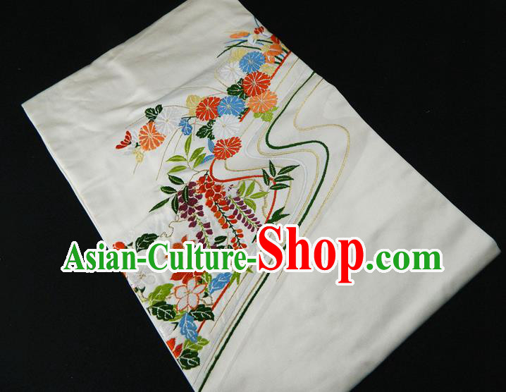 Japanese Traditional Embroidered Chrysanthemum Kimono Belt Handmade White Brocade Waistband Classical Yukata Dress Hekoobi Accessories