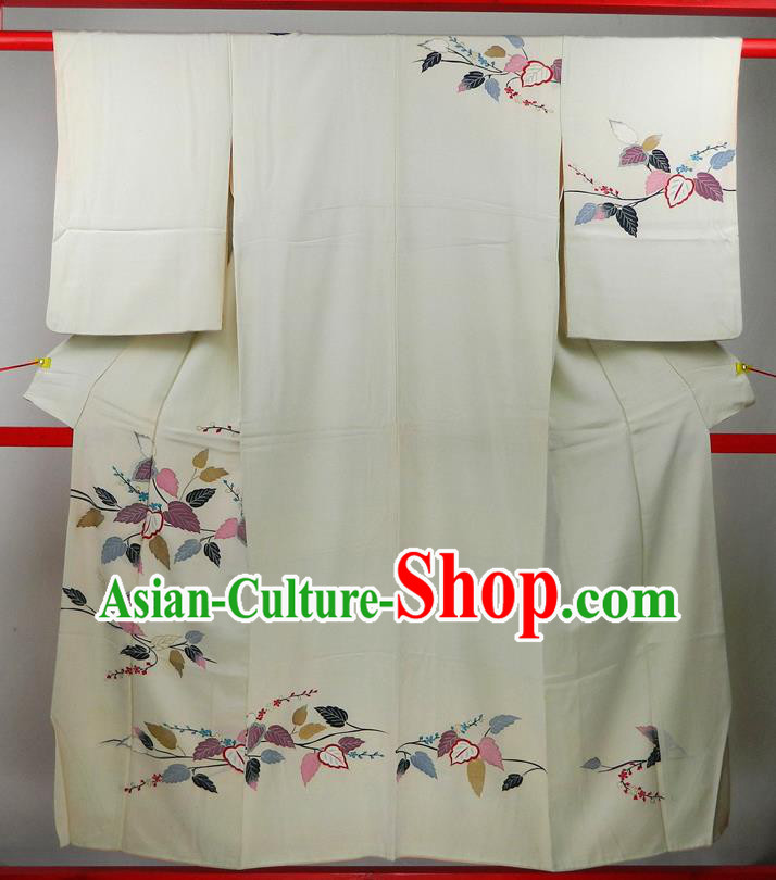 Japanese Traditional Tsukesage Kimono Clothing Young Woman Garment Costume Classical Leaf Pattern Beige Yukata Dress