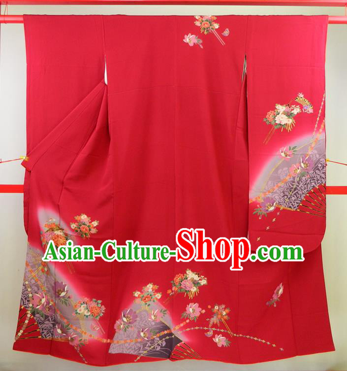 Japanese Wedding Bride Garment Costume Classical Peony Fan Pattern Red Yukata Dress Traditional Furisode Kimono Clothing