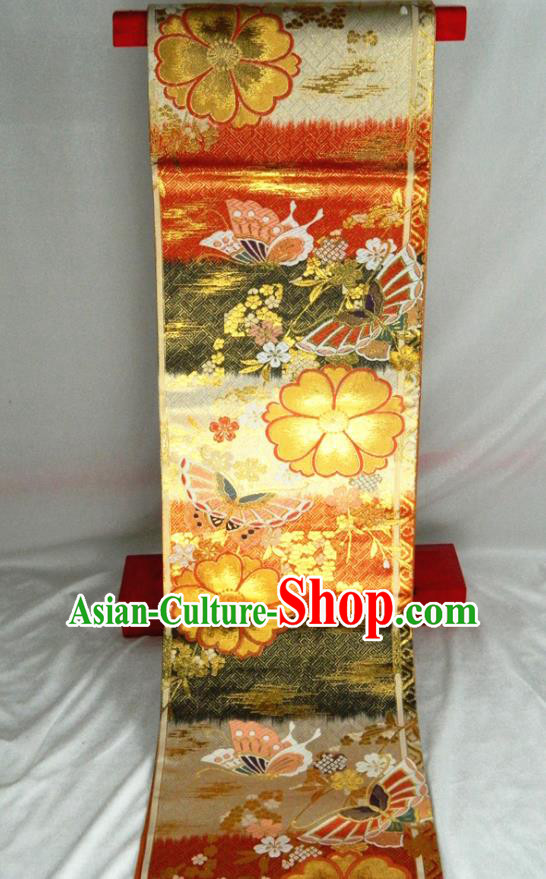Japanese Classical Yukata Dress Hekoobi Accessories Traditional Butterfly Flowers Pattern Kimono Belt Handmade Red Brocade Waistband