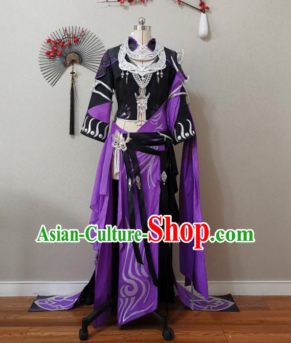 China Traditional JX Online Clothing Cosplay Swordswoman Garment Costumes Ancient Chivalrous Woman Purple Dress Outfits