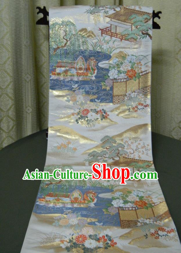 Japanese Handmade Kimono Waistband Classical Yukata Dress Hekoobi Accessories Traditional Dragon Boat Pattern White Brocade Belt