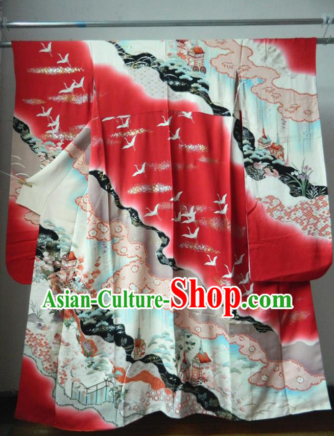 Japanese Classical Cranes Pattern Red Yukata Dress Traditional Court Furisode Kimono Clothing Wedding Bride Garment Costume