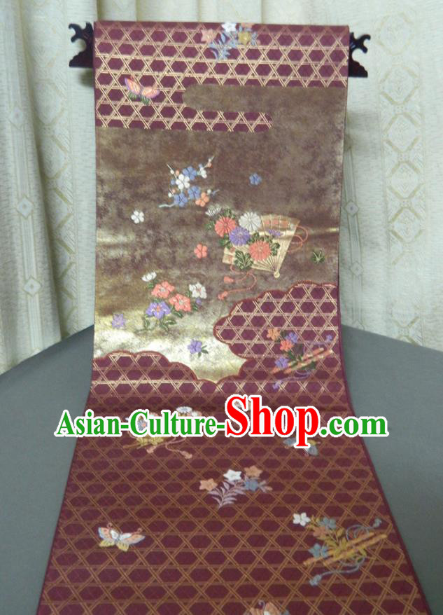 Japanese Handmade Kimono Waistband Yukata Dress Hekoobi Accessories Traditional Dairy Butterfly Pattern Purple Brocade Belt