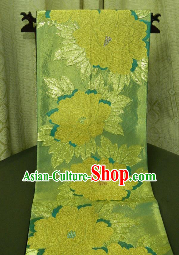 Japanese Yukata Dress Hekoobi Accessories Traditional Peony Pattern Green Brocade Belt Handmade Kimono Waistband