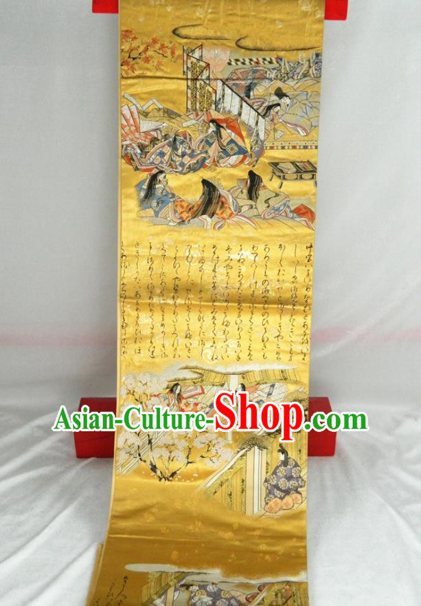 Japanese Traditional Genji Monogatari Pattern Golden Brocade Belt Handmade Kimono Waistband Classical Yukata Dress Hekoobi Accessories
