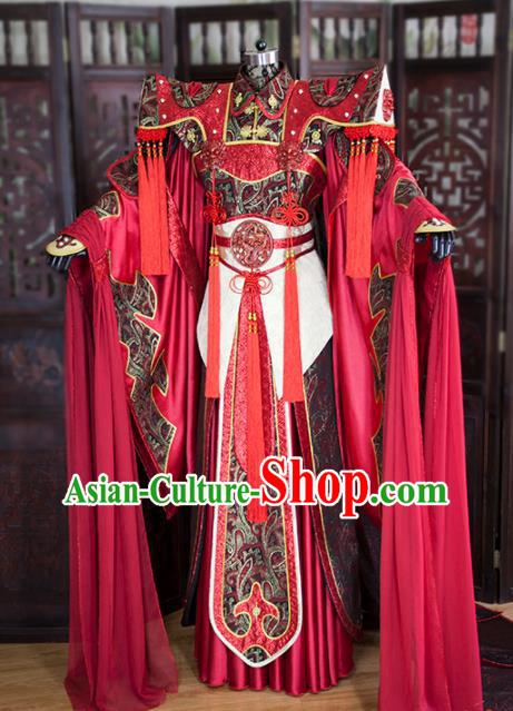 China Ancient Demon King Garment Costumes Traditional Puppet Show Emperor Uniforms Cosplay Swordsman Red Hanfu Clothing