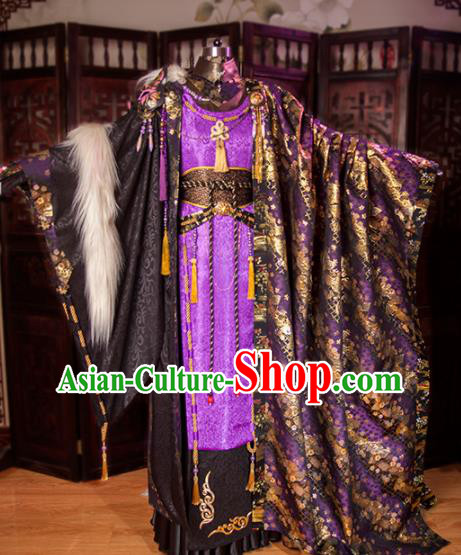 China Cosplay Swordsman Purple Hanfu Clothing Ancient King Garment Costumes Traditional Puppet Show Emperor Uniforms