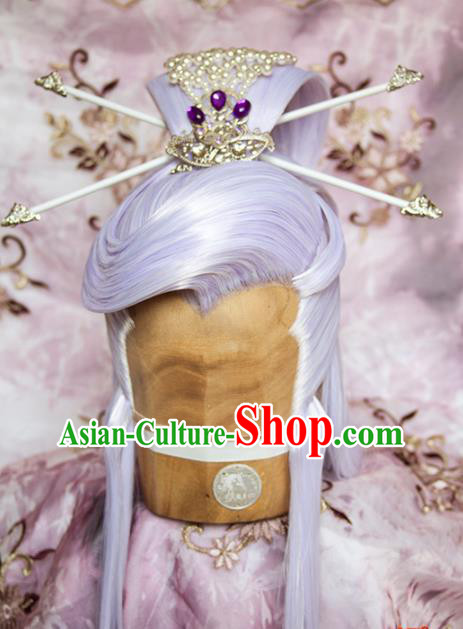 Chinese Ancient Swordsman Hair Accessories Traditional Hanfu Lilac Wigs Sheath Cosplay Knight Hairpieces and Hairpins
