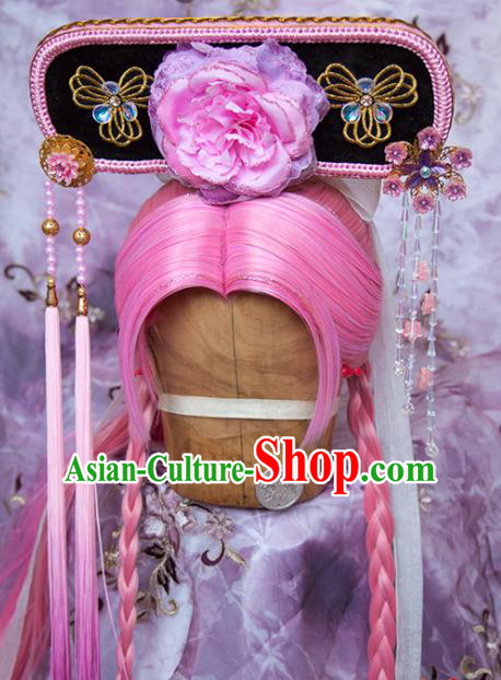 Chinese Ancient Queen Pink Wigs and Hair Crown Traditional Puppet Show Hair Accessories Cosplay Empress Headdress