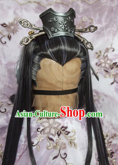 Chinese Traditional Hanfu Gray Wigs Sheath Cosplay Swordsman Shang Buhuan Hairpieces and Hairpins Ancient Taoist Priest Hair Accessories