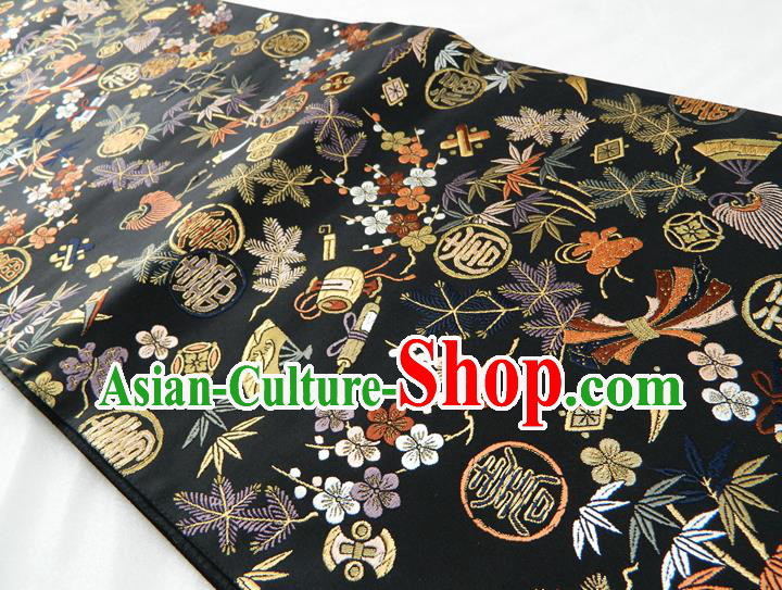 Japanese Traditional Longevity Pattern Black Brocade Belt Handmade Kimono Waistband Yukata Dress Hekoobi Accessories
