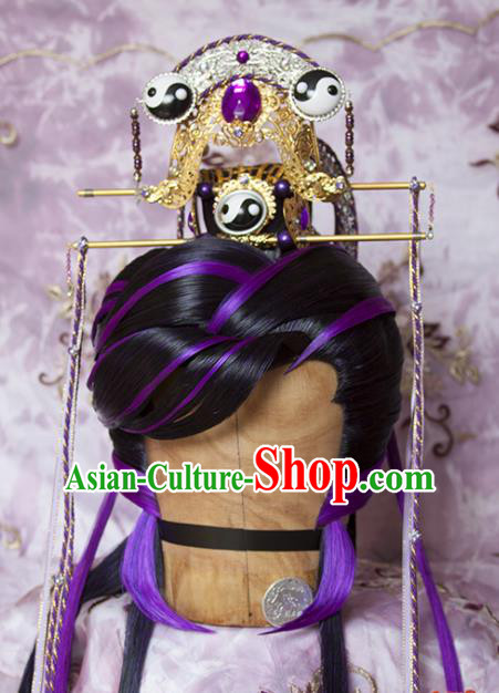 Chinese Ancient Taoist Priest Hair Accessories Traditional Hanfu Purple Wigs Sheath Cosplay Swordsman Liang Wuji Hairpieces and Hair Crown