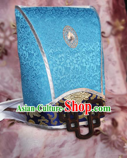 Handmade Chinese Ancient Military Counsellor Blue Hair Crown Cosplay Swordsman Hat