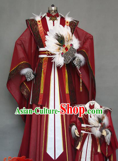 China Traditional Puppet Show King Yue Lanfang Wine Red Uniforms Cosplay Military Counsellor Hanfu Clothing Ancient Swordsman Garment Costumes