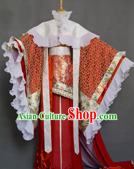 China Ancient Queen Red Hanfu Dress Traditional Puppet Show Empress Fei Yu Clothing Cosplay Swordswoman Garment Costumes