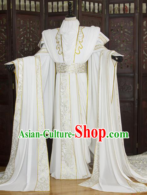 China Ancient Swordsman Garment Costumes Traditional Puppet Show Prince White Uniforms Cosplay Noble Childe Hanfu Clothing