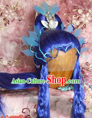 Chinese Cosplay Swordsman Yin Qiujun Hairpieces and Hair Crown Ancient Young Hero Hair Accessories Traditional Hanfu Blue Wigs Sheath