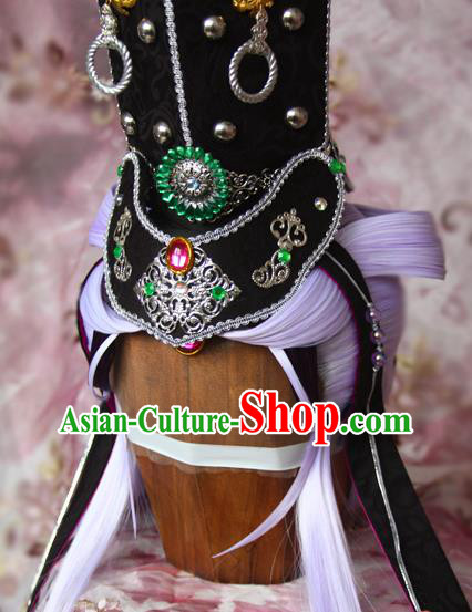 Chinese Traditional Hanfu Purple Wigs Sheath Cosplay Swordsman Hairpieces and Hat Ancient Knight King Hair Accessories