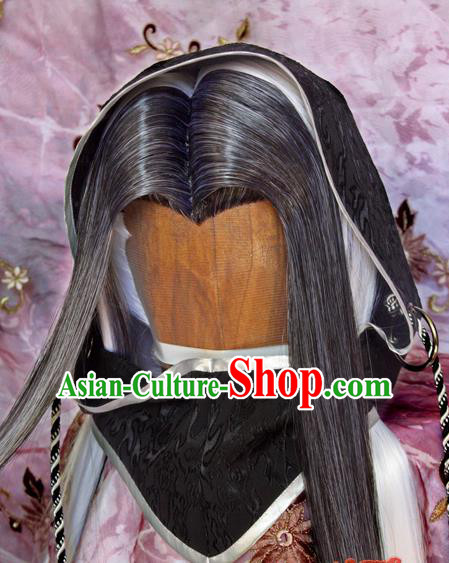 Chinese Traditional Hanfu Elderly Knight Gray Wigs Sheath Cosplay Chivalrous Male Hairpieces and Hat Ancient Swordsman Hair Accessories